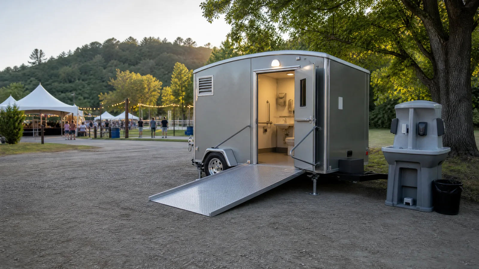 Accessible portable restroom with an unobstructed approach at a southern Nevada event