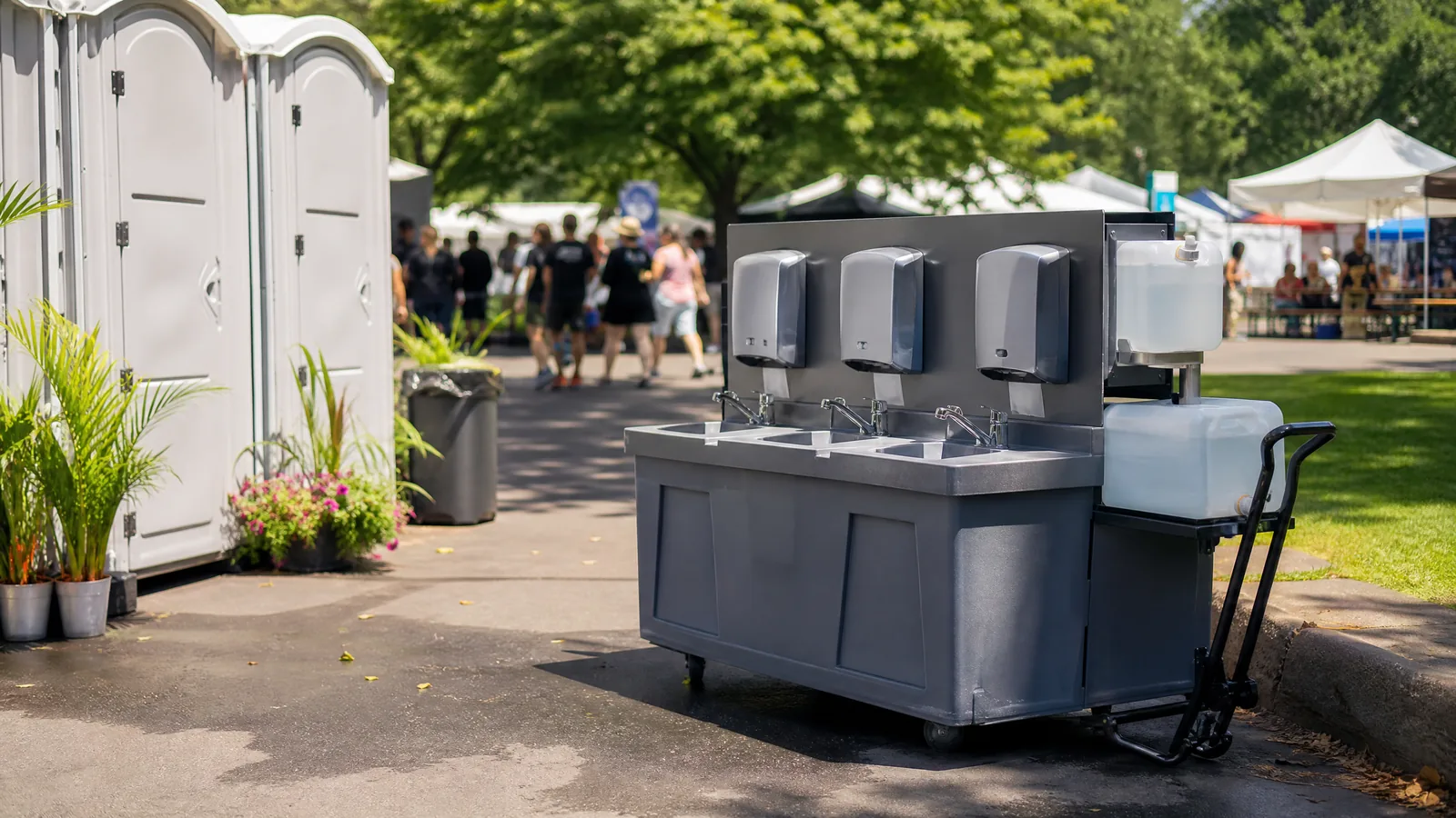 Guest using a portable handwashing station beside an outdoor event restroom in Las Vegas